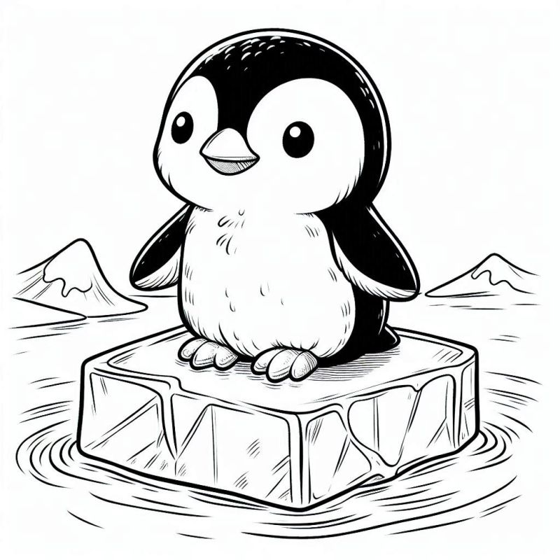 Desenho de um pinguim filhote feliz em uma plataforma de gelo para colorir