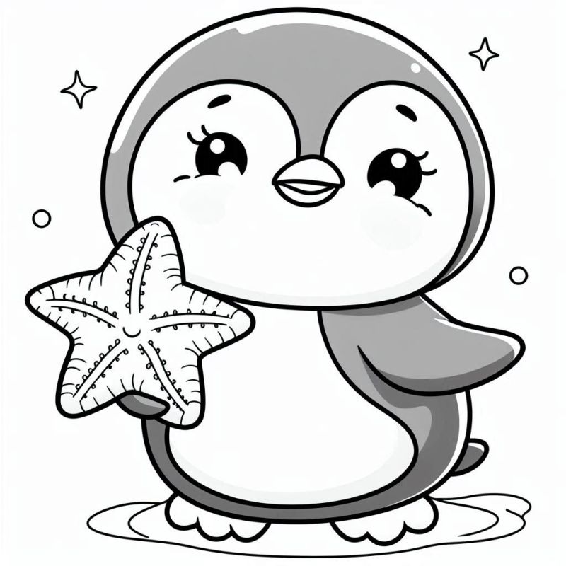 Desenho de Pinguim Fofo Segurando Estrela-do-mar para Colorir