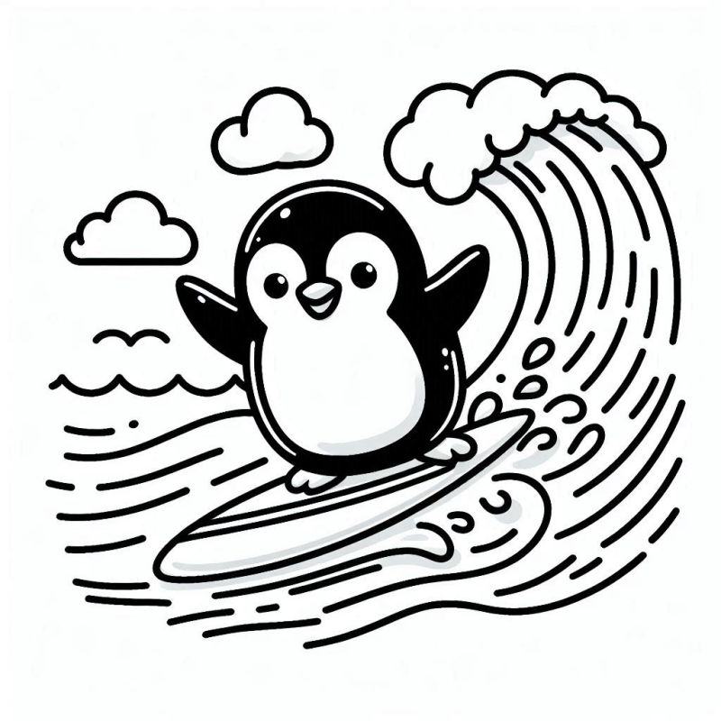 Desenho de Pinguim Surfando para Colorir