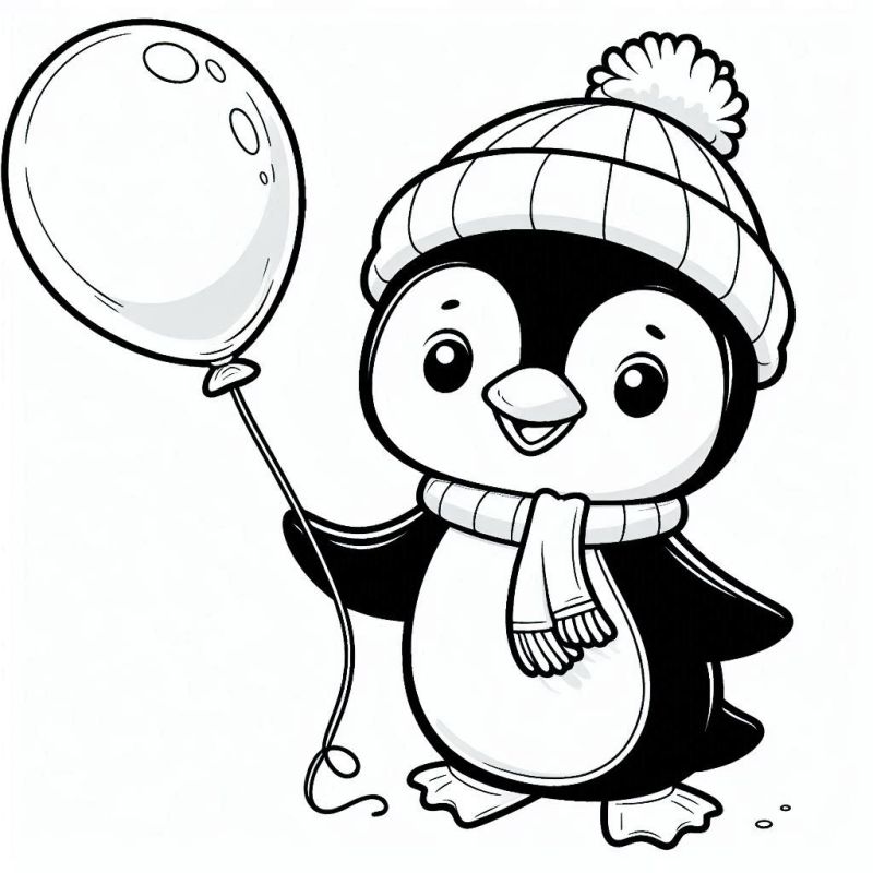 Desenho de um pinguim fofo com gorro e balão para colorir