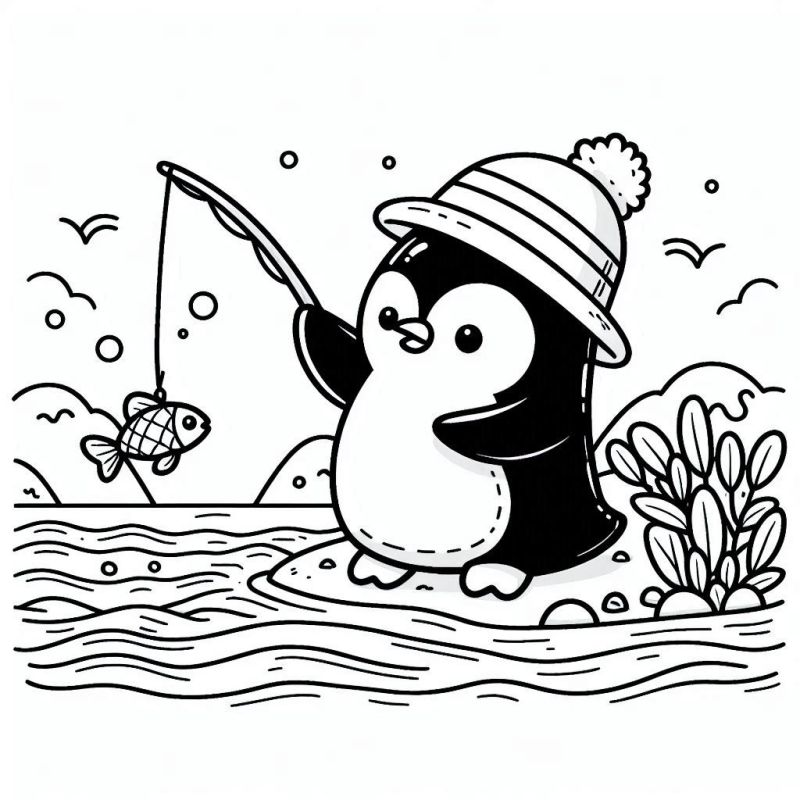 Desenho de Pinguim Fofo com Gorro de Inverno Pescando