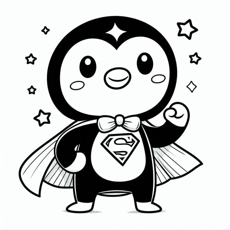 Desenho de um pinguim vestido de super-herói para colorir