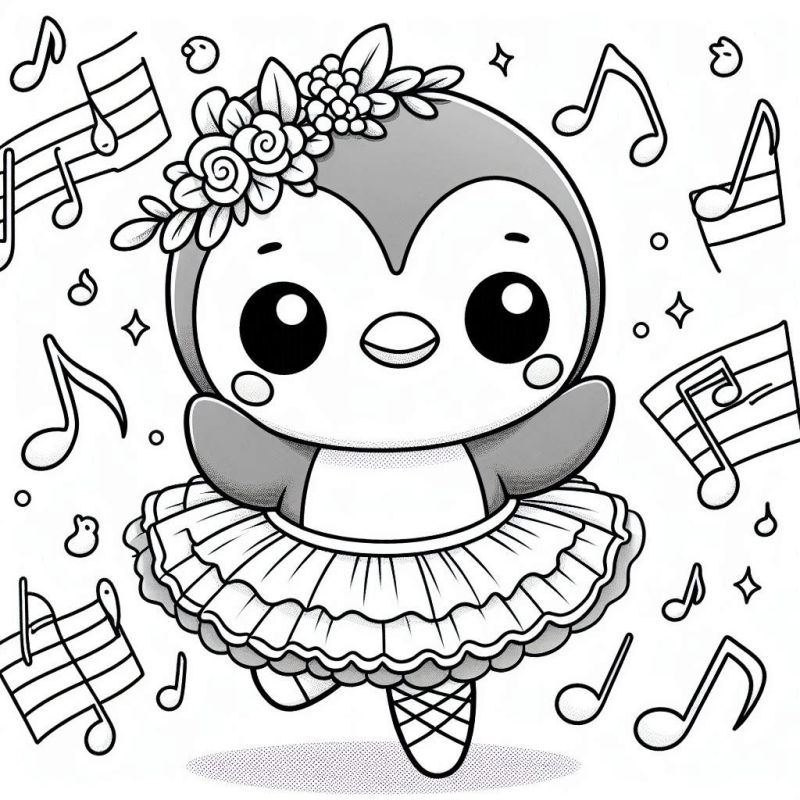 Desenho de Pinguim Kawaii Bailarina para Colorir