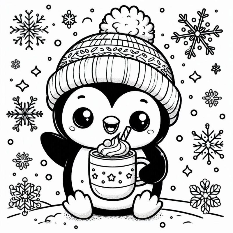 Pinguim kawaii com gorro e caneca para colorir