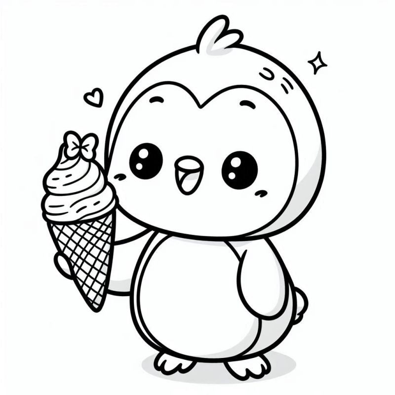 Pinguim kawaii fofo segurando um sorvete para colorir.