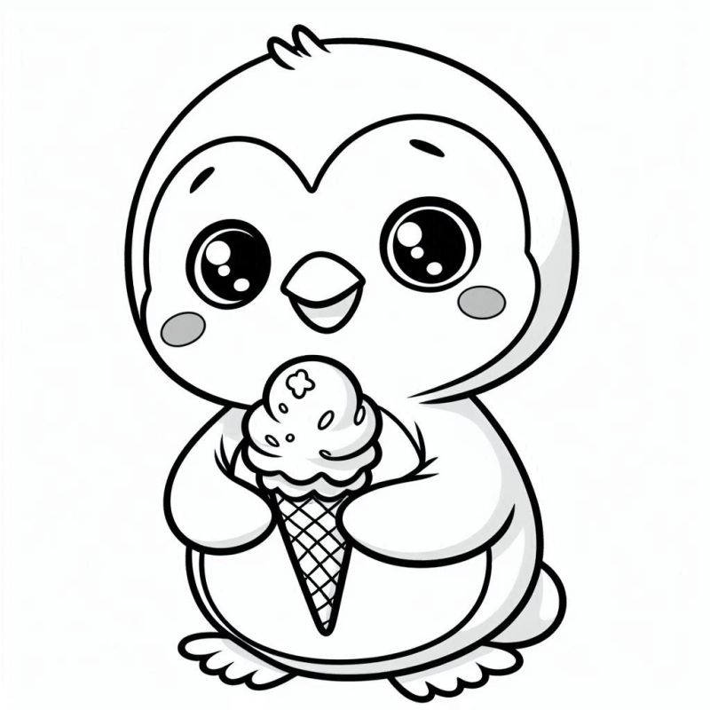 Adorável Pinguim Kawaii com Sorvete para Colorir