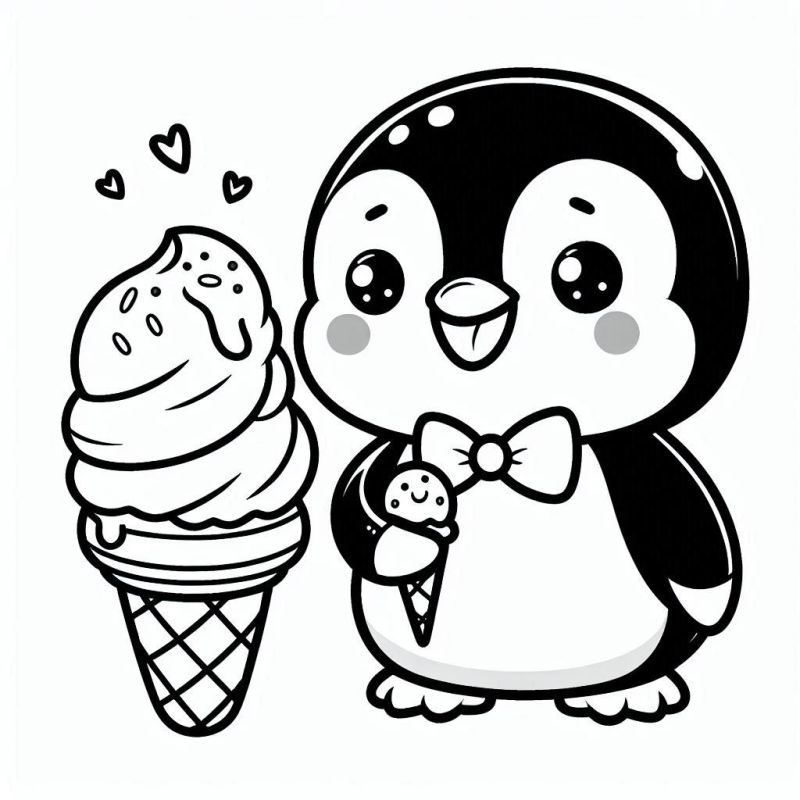 Desenho de Pinguim Kawaii com Sorvete e Corações