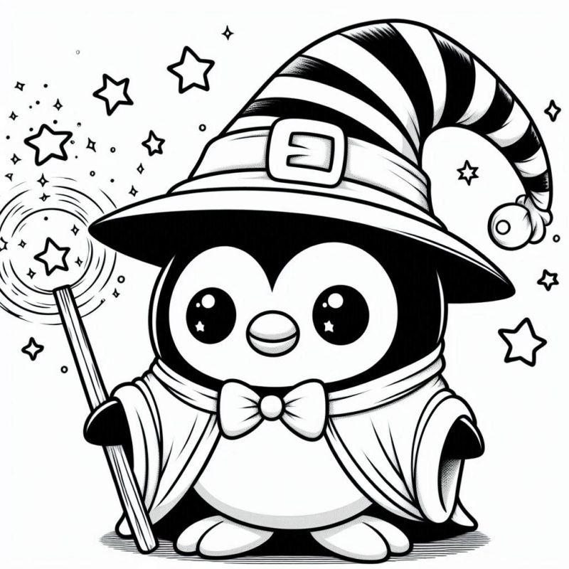 Pinguim Mágico com Chapéu e Varinha para Colorir