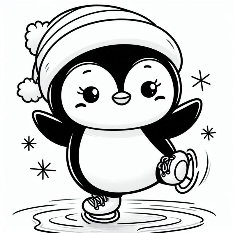 Adorável pinguim patinando no gelo com gorro de inverno para colorir