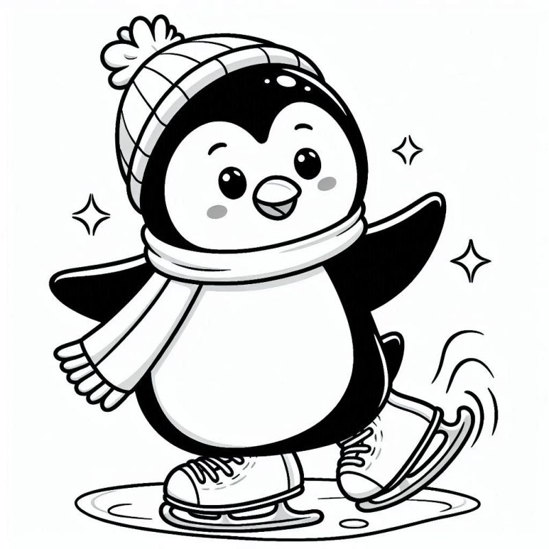 Pinguim fofinho patinando no gelo com gorro e cachecol para colorir