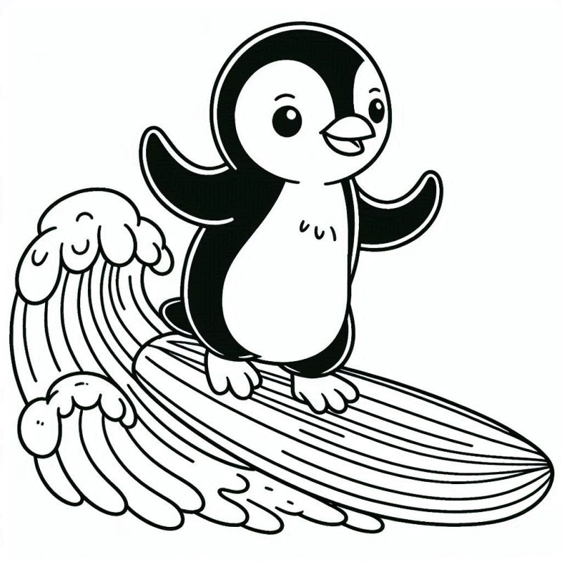 Desenho detalhado de um pinguim surfando sobre uma prancha com ondas ao fundo.