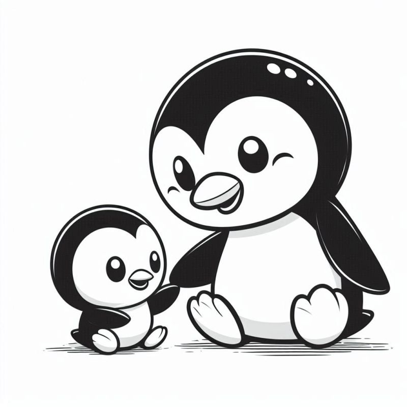 Desenho em preto e branco de um pinguim adulto e um filhote para colorir