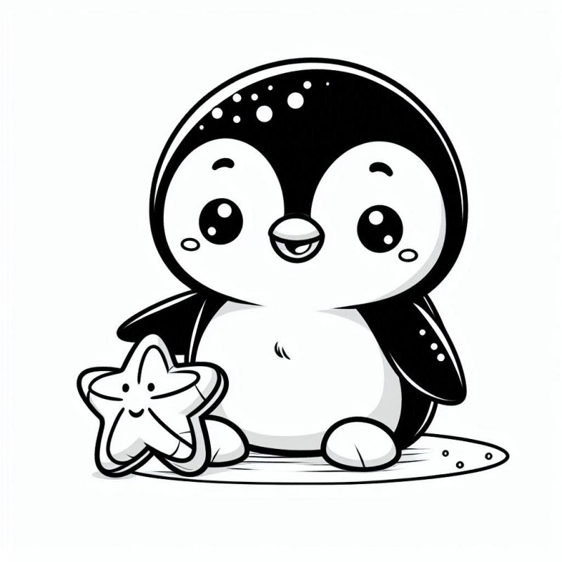 Desenho Fofo de Pinguim com Estrela do Mar para Colorir