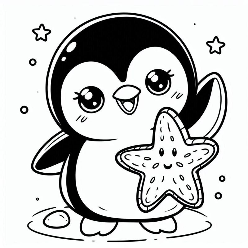 Desenho de pinguim fofinho segurando estrela-do-mar para colorir