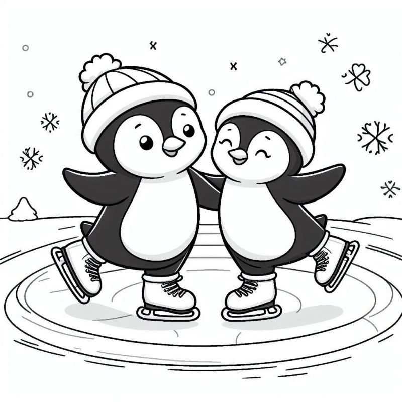 Dois pinguins patinando no gelo com gorros de lã, desenhos para colorir de pinguins.