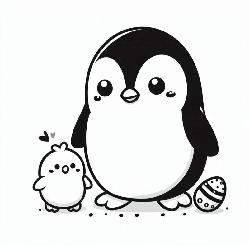 Desenho de Pinguim Adulto e Filhote para Colorir