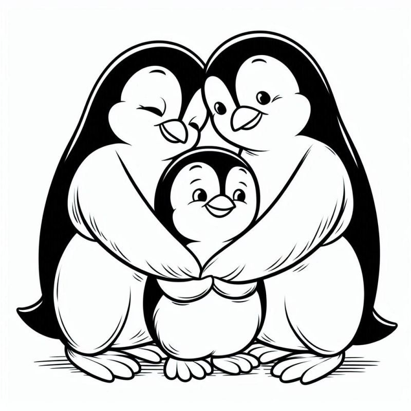 Desenho de Família de Pinguins Adoráveis para Colorir