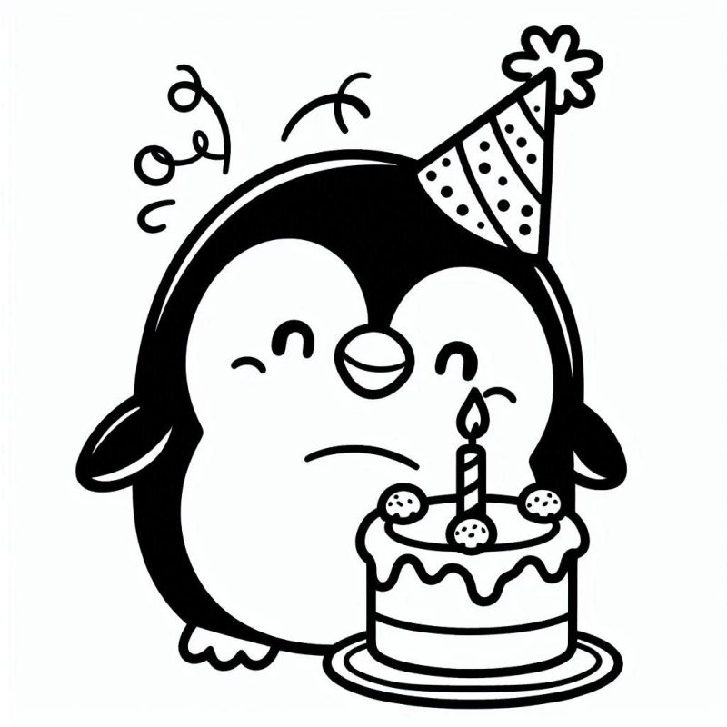 Desenho de Pinguim com Chapéu de Festa para Colorir