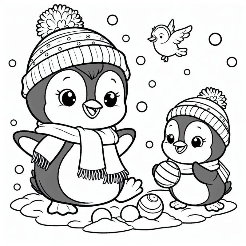 Desenho de dois pinguins adoráveis com gorro e cachecol para colorir em cenário de inverno