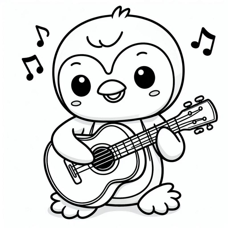 Desenho de Pinguim Alegre Tocando Violão para Colorir