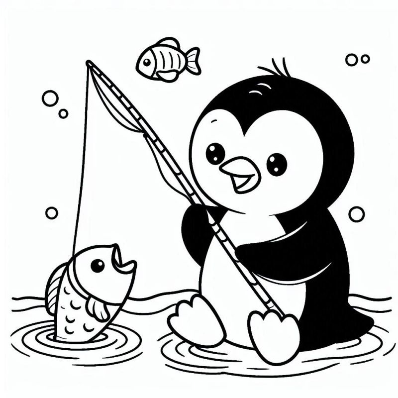 Desenho de Pinguim Fofo Pescando para Colorir