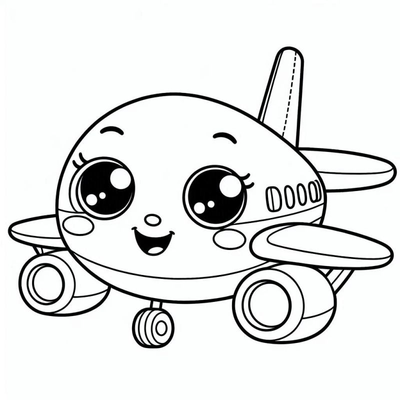 Desenho de um avião fofo para colorir com grande olhos e sorriso