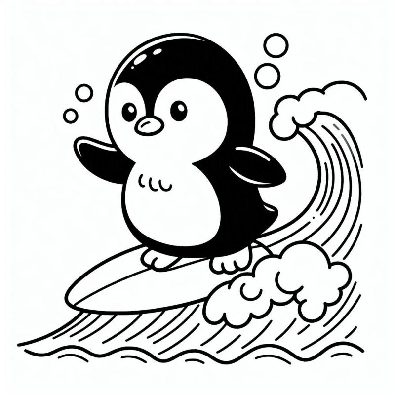 Desenho para colorir de um pinguim fofo surfando