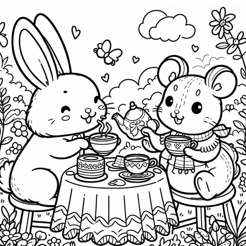 Desenho para colorir de coelho e ratinha em um piquenique alegre