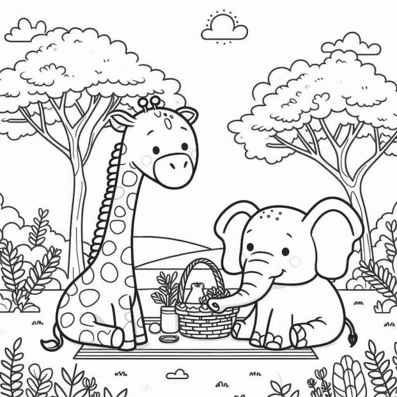 Colorindo Aventuras: Piquenique entre Girafa e Elefante