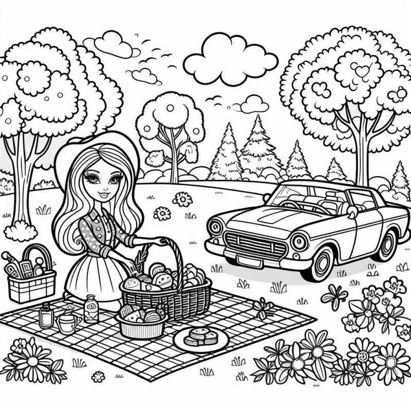 Barbie em um Piquenique no Campo para Colorir