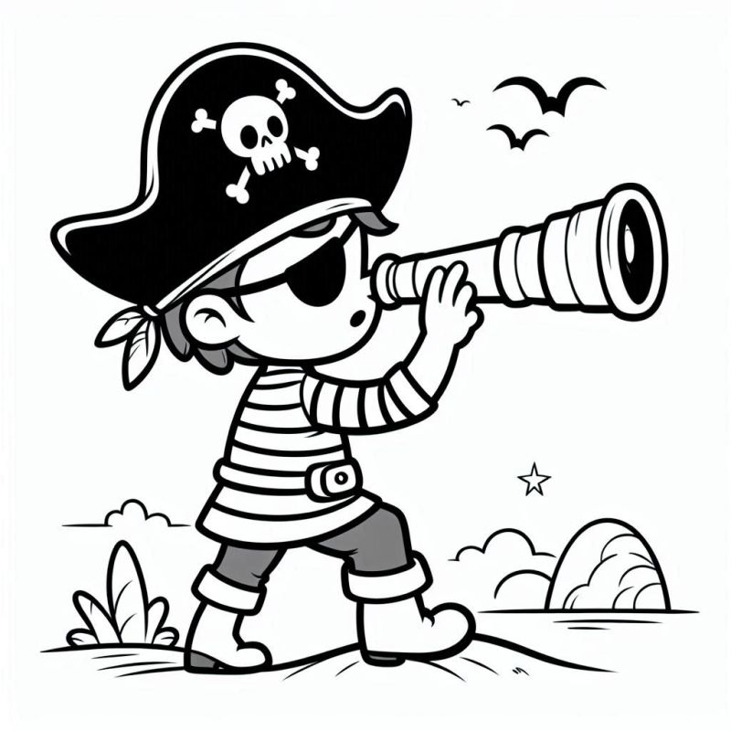 Desenho para Colorir: Jovem Pirata com Telescópio