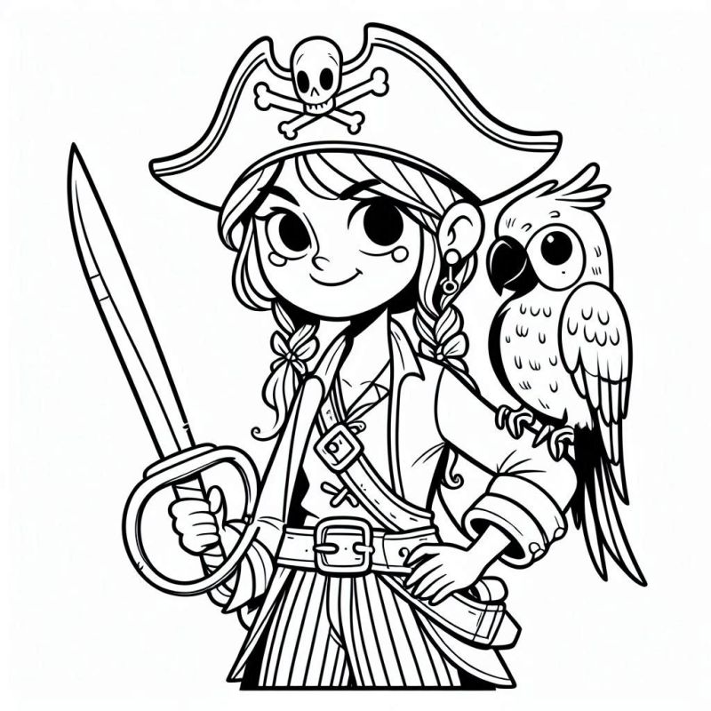 Desenho para colorir de jovem pirata com papagaio feliz