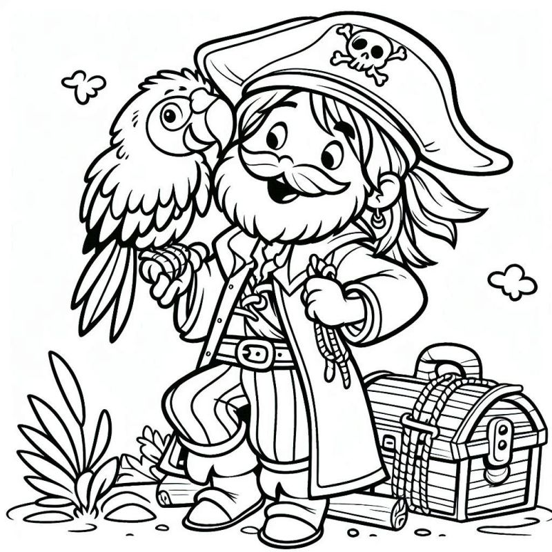 Desenho de pirata feliz com papagaio e baú do tesouro para colorir