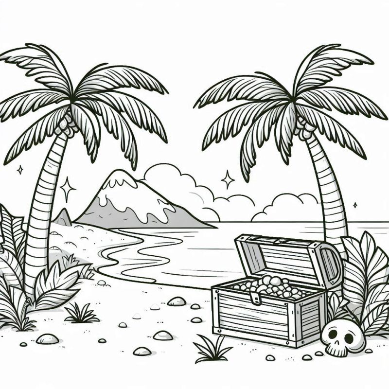 Desenho de Ilha Tropical Pirata para Colorir