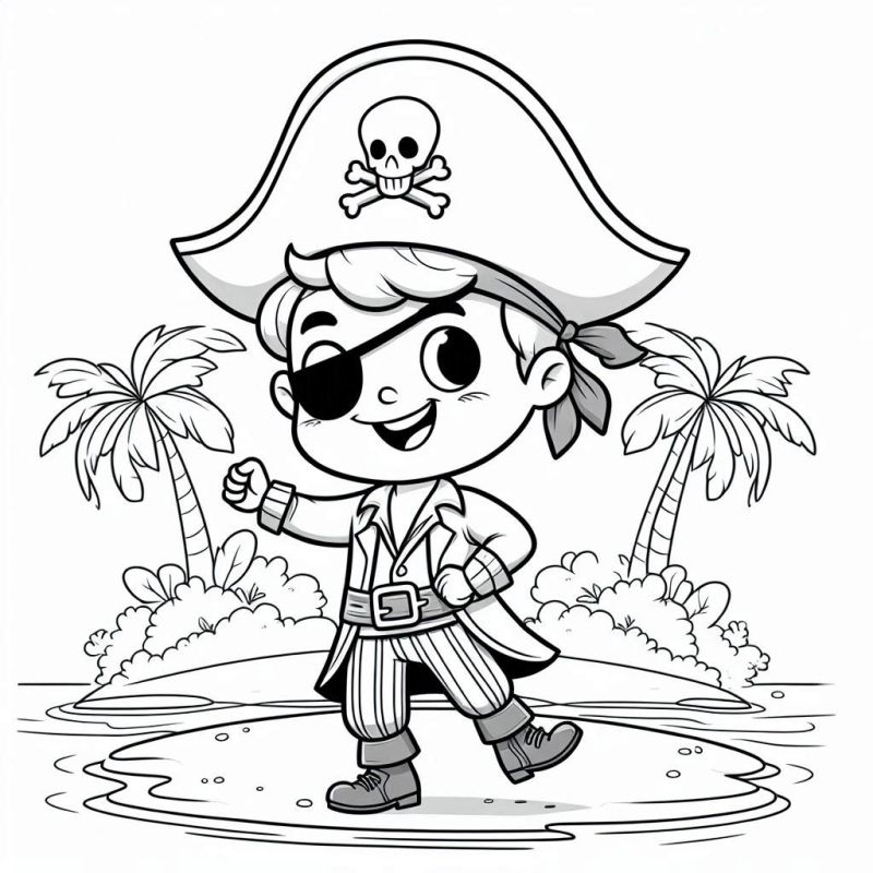 Desenho para Colorir: Pirata Sorridente em Ilha Tropical