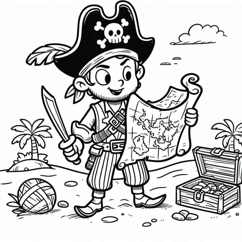 Aventuras de Pirata em Ilha Tropical: Desenho para Colorir