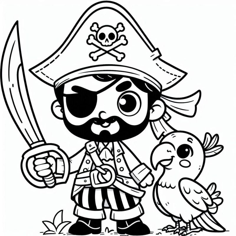 Desenho de pirata cartoon com papagaio para colorir