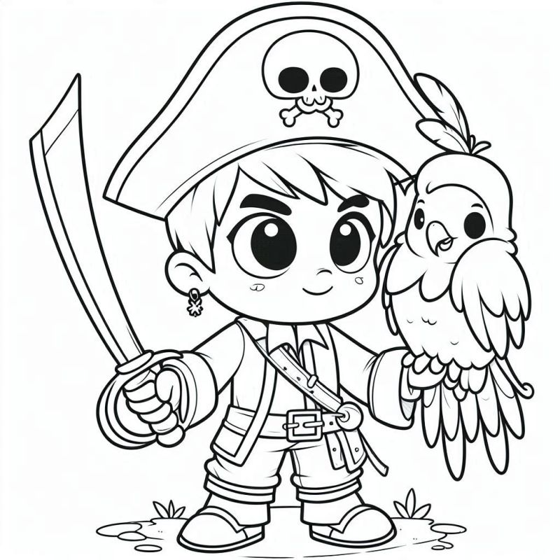 Desenho de pirata em estilo cartoon segurando uma espada com um papagaio na mão