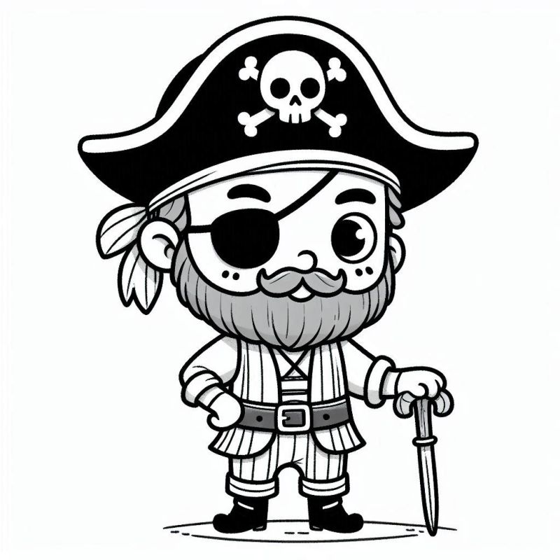 Desenho cartoon de pirata sorridente com chapéu e espada para imprimir e colorir