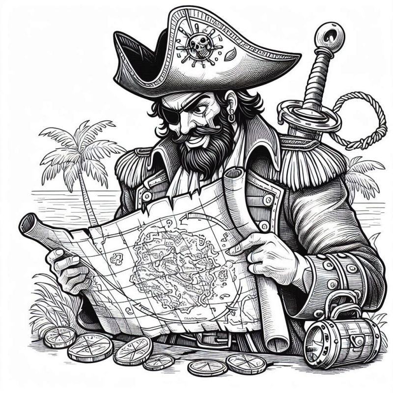 Desenho detalhado de pirata clássico para colorir, com mapa e cenário tropical