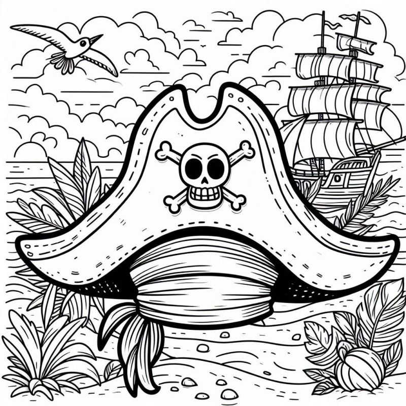 Desenho de Pirata com Chapéu, Navio e Ilha para Colorir