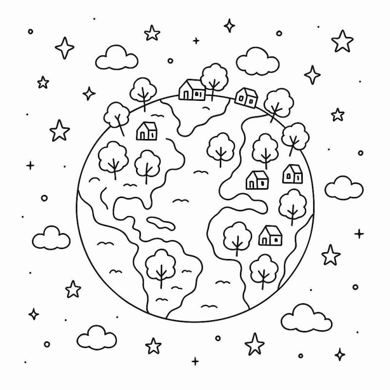 Desenho de Planeta Habitável com Casas e Árvores