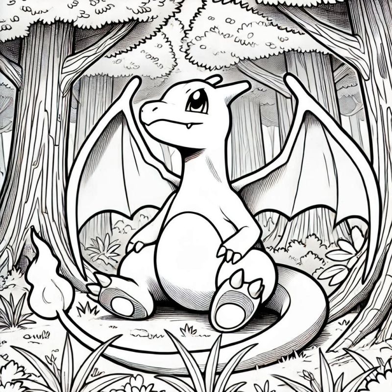 Desenho de Charizard em um cenário de floresta para colorir