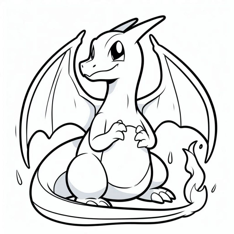 Desenho de Charizard para colorir, destacando suas asas e cauda de fogo, ideal para fãs de Pokémon.