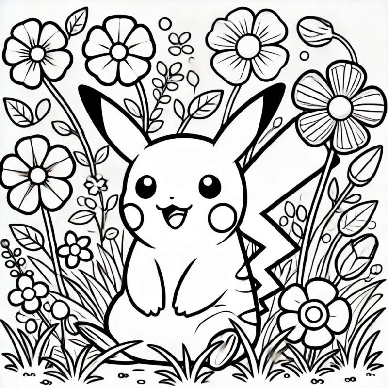 Desenho para colorir de Pikachu sorrindo em um campo florido