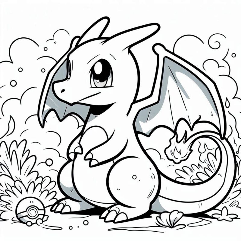 Desenho para colorir de Charizard, Pokémon reptiliano com características de dragão e tipo fogo.