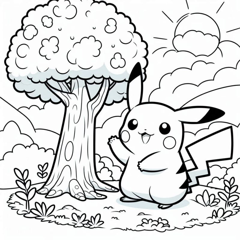 Desenho de Pikachu feliz em uma paisagem ao ar livre para colorir