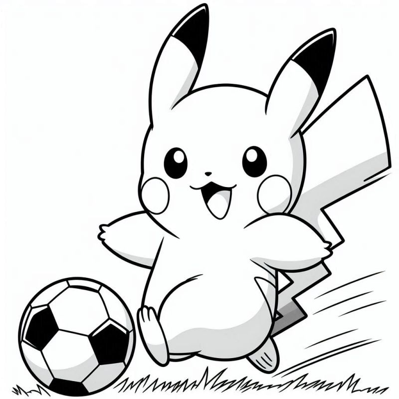 Desenho de Pikachu Correndo com Bola de Futebol no Gramado para Colorir