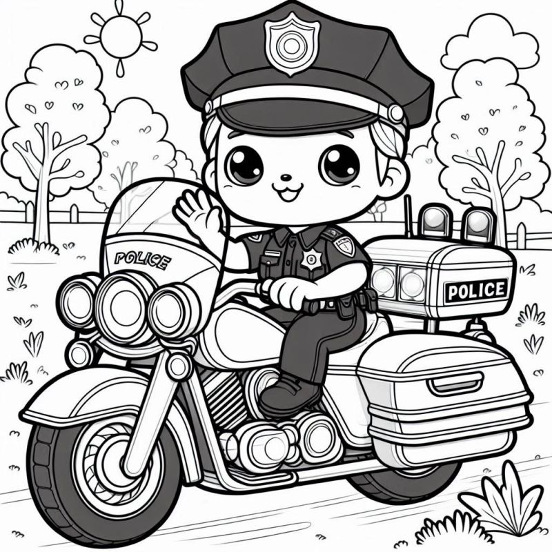 Desenho de um policial em uma motocicleta de polícia estilo cartoon para colorir