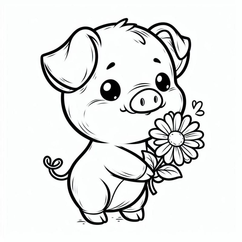 Desenho kawaii de porquinho com flor para colorir